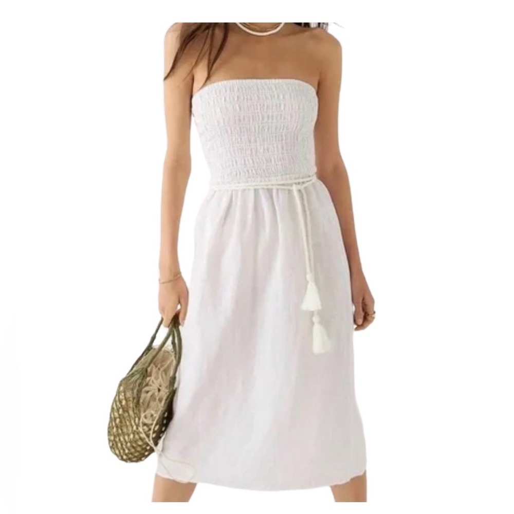 J. Crew Strapless Midi Smocked Linen Dress XL Sundress vacation Coastal